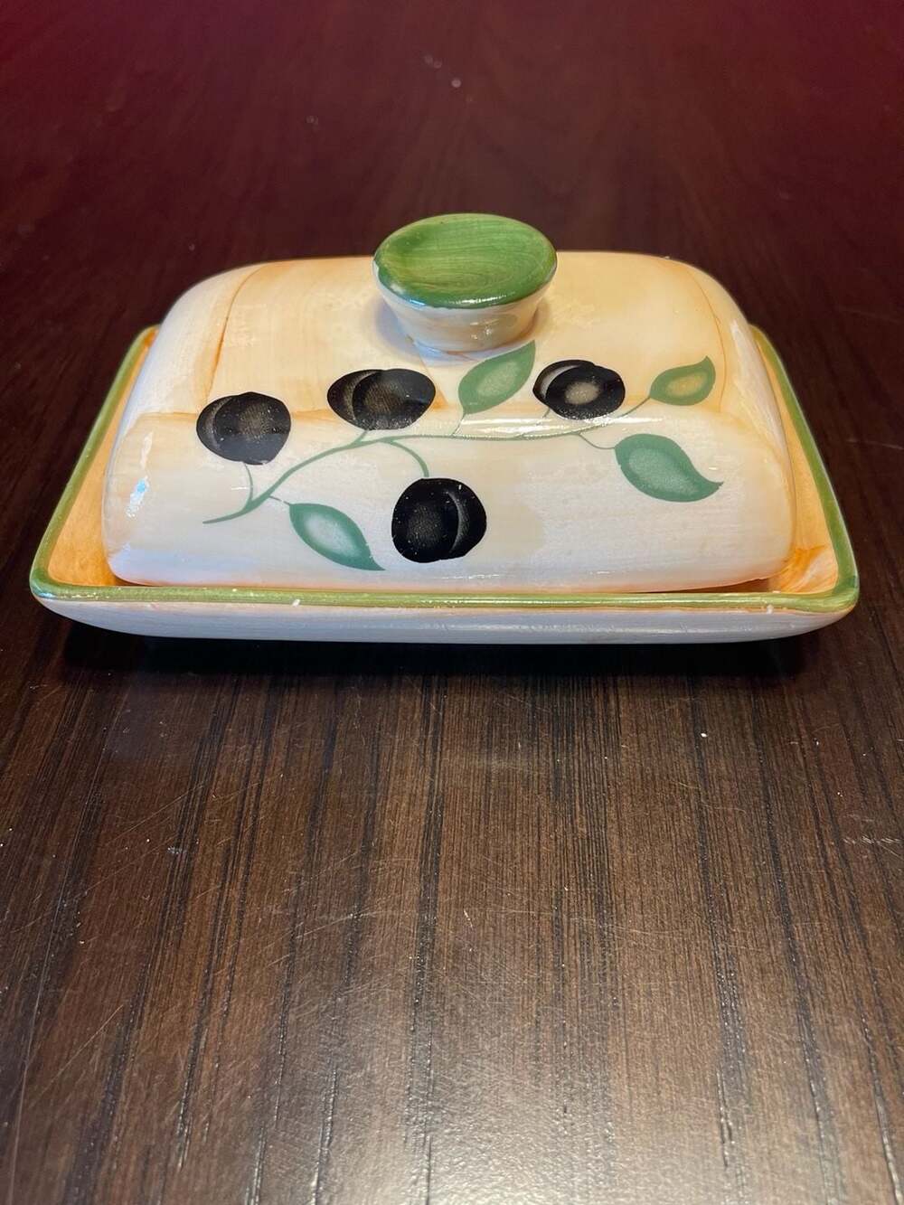 Hand-Painted Italian Style Ceramic Butter Dish with Olive Design